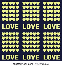 seamless pattern for prints on fabric and wall decoration with the image of yellow hearts and the inscription love on a dark background
