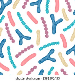 Seamless pattern with probiotics. Bifidobacterium, lactobacillus, streptococcus thermophilus, lactococcus, propionibacterium. Medicine or dietary supplements for gastrointestinal health. Vector, eps10