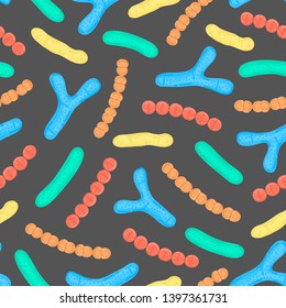 Seamless pattern with probiotics. Bifidobacterium, lactobacillus, streptococcus thermophilus, lactococcus, propionibacterium. Medicine or dietary supplements for gastrointestinal health. Vector, eps10