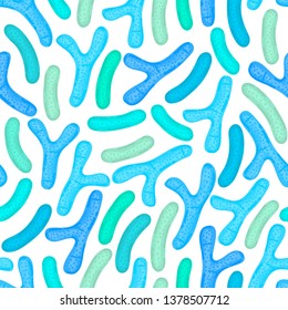 Seamless pattern with probiotics. Lactic acid bacterium. Bifidobacterium, lactobacillus. Microbiome. Microbiota. Medicine or dietary supplements for gastrointestinal health. Label, wrapping. Vector