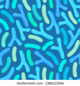 Seamless pattern with probiotics. Lactic acid bacterium. Bifidobacterium, lactobacillus. Microbiome. Microbiota. Medicine or dietary supplements for gastrointestinal health. Label, wrapping. Vector