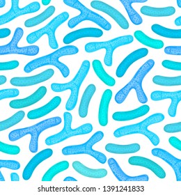 Seamless pattern with probiotics. Lactic acid bacterium. Bifidobacterium, lactobacillus. Microbiome. Microbiota. Medicine or dietary supplements for gastrointestinal health. Label, wrapping. Vector