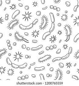 Seamless Pattern. Probiotics Vector Illustration Doodles. Drawing Of Bacteria. Microorganism Collection .