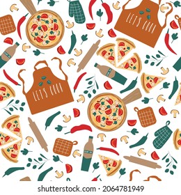 Seamless pattern from the process of making pizza with elements such as pizza, olive oil, pieces of rough, tomatoes, lettuce, rolling pin, potholders and apron. Vector illustration 