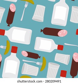Seamless pattern products for a feast: vodka and sausage, a glass, and cucumber.