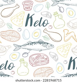 Seamless pattern with products for the keto diet.  Low carb food for ketogenic diet. Hand drawn vector doodle illustrations.