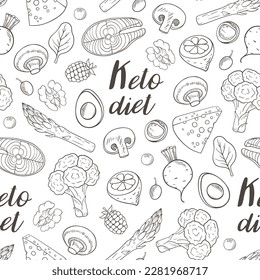 Patrón sin inconvenientes con productos para la dieta keto.  Alimentos de bajo contenido de carbohidratos para la dieta cetogénica. Ilustraciones de doodles vectoriales dibujadas a mano.