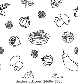 Seamless pattern products olives hummus onions lemon parsley celery mushrooms linear hand drawn one line drawing in minimalistic style suitable for wrapping paper Vector
