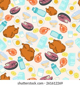 seamless pattern.set of products , protein Dukan Diet stage attack. chicken, eggs, milk, krivetki , cottage cheese , water , fish