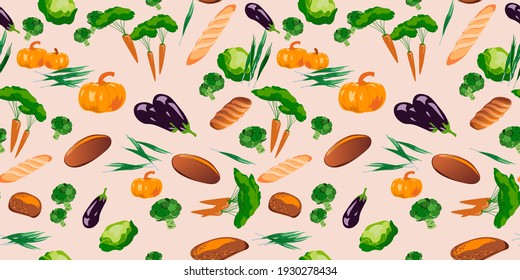 Seamless pattern with products. Vegetarian food. Bread, baguette, delicious pastries. Fresh vegetables, eggplant, onion, pumpkin, cabbage.
