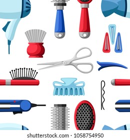 Seamless pattern of professional hairdresser and barber equipment tools. Vector illustration on white background. Website page and mobile app design.