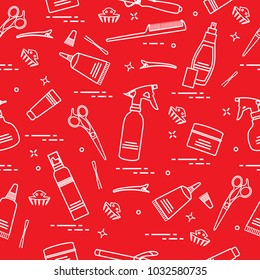 Seamless pattern with professional hairdresser tools. Fashion and beauty background. Design for announcement, advertisement, print.
