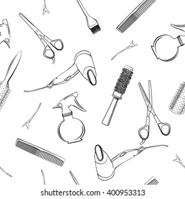 Seamless pattern with  Professional hairdresser tools isolated on white. Fashion and beauty background.  Vector.