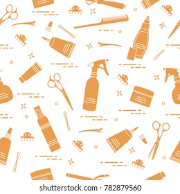 Seamless pattern with professional hairdresser tools. Fashion and beauty background. Design for announcement, advertisement, print.
