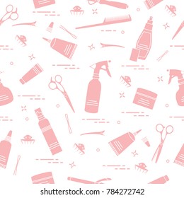 Seamless pattern with professional hairdresser tools. Fashion and beauty background. Design for announcement, advertisement, print.
