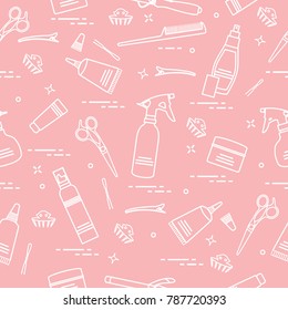 Seamless pattern with professional hairdresser tools. Fashion and beauty background. Design for announcement, advertisement, print.