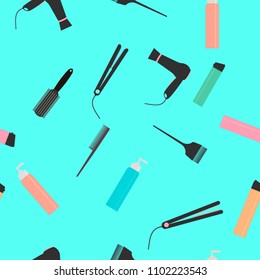 Seamless pattern with professional hairdressing tools. Beauty and hair salon accessories such as hair dryer,hairbrush, iron, comb, etc. Vector illustration.