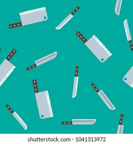 seamless pattern of professional kitchen knives set with cleaver and santoku knife