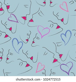 Seamless pattern from the profiles of girls with red lips and hearts on a blue background