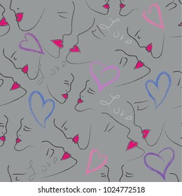 Seamless pattern from the profiles of girls with red lips and hearts on a gray background