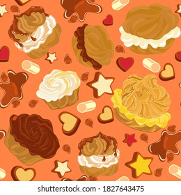 Patrón sin foco de profiteroles, pastelitos con crema, varios dulces y salpicaduras de chocolate.