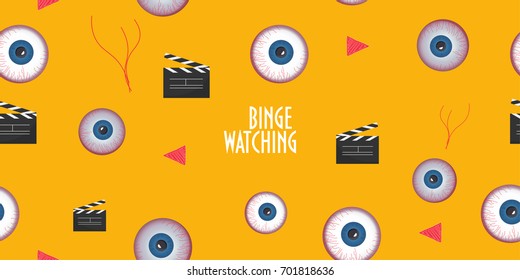 Seamless pattern to promote Binge Watching or marathon viewing. Watching multiple episodes of tv show, movies or series in rapid succession, by means of digital streaming or on demand or subscription.