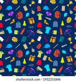 Seamless Pattern of promotional products. Different colored gifts: mug, shirt, notebook, giftbox, cap, keyring, trophy, pen, jacket, usb drive, tennis rocket, tree for advertising vector illustration