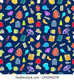 Seamless Pattern of promotional products. Different colored gift shapes with white strokes : mug, shirt, notebook, giftbox, cap, keyring, trophy, pen, jacket for advertising vector illustration