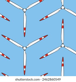 Seamless pattern with propeller, wind turbine, windmill. Vector color background.