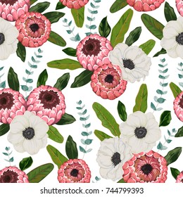 Seamless pattern with protea and anemone flowers, leaves and spiral eucalyptus. Decorative holiday floral background. Vintage vector illustration in watercolor style