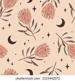 Seamless pattern with protea. Bohemian background. Hand drawn vector illustration.