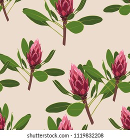 Seamless pattern with protea flowers with leaves. Decorative holiday floral background. Vintage vector illustration in hand drawn watercolor style. Light brown vintage background.