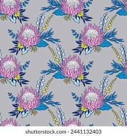 Seamless pattern with protea flowers on gray background. Tropical floral wallpaper.