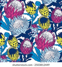 Patrón sin fisuras con flores de protea sobre fondo blanco. Fondo de pantalla floral tropical.
