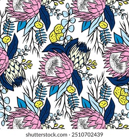 Seamless pattern with protea flowers on white background. Tropical floral wallpaper.