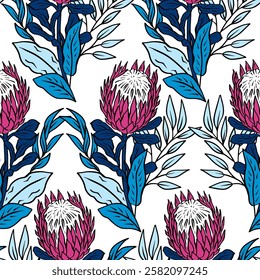 Seamless pattern with protea flowers on white background. Tropical floral wallpaper.