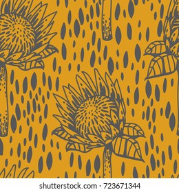 Seamless pattern with protea flowers on yellow background, vector illustration in hand drawn style