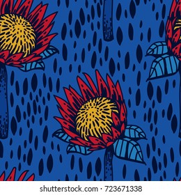 Seamless pattern with protea flowers and strokes on blue background, vector illustration in hand drawn style