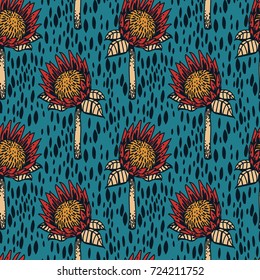 Seamless pattern with protea flowers and strokes on blue background, vector illustration in hand drawn style