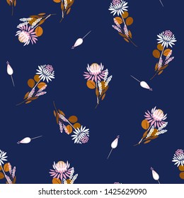 Seamless pattern  Protea flowers Vector florals and plants. Decorative design elements.Random repeat design for fashion fabric,web,wallpaper,and all prints on electric blue background color