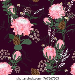 Seamless pattern with protea and many different flowers, leaves and spiral eucalyptus. Decorative holiday floral background. Vintage vector illustration in hand drawn style.