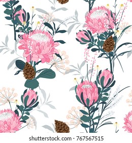 Seamless pattern with protea and many different flowers, leaves and spiral eucalyptus. Decorative holiday floral background. Vintage vector illustration in hand drawn style.