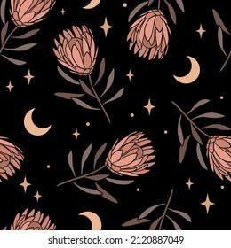 Seamless pattern with protea on black background. Hand drawn vector illustration.