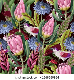 Seamless pattern with protea, tropical flowers and birds . Trendy floral vector print
