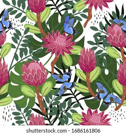 Seamless pattern with proteas and butterflies. Vector graphics.