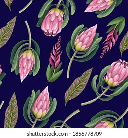 Seamless pattern with proteas flowers. Trendy floral vector print