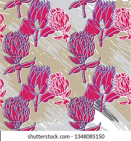 Seamless pattern with proteas. Large African flower. Stylish illustration, colorful drawing.