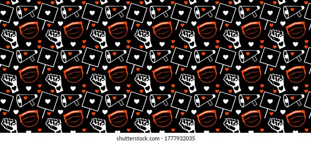seamless pattern, protest elements like raised fist, banners and megaphones, vector illustration