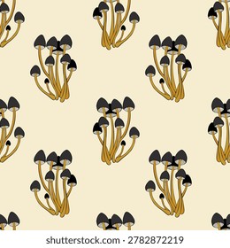  Seamless pattern with psilocybe semilanceata mushrooms on beige background for autumn textile design and botanical wrapping paper