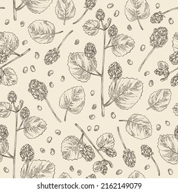 Seamless pattern with psoralea corylifolia: plant, leaves, psoralea corylifolia flowers and seeds. Malaysian scurfpea. Cosmetic, perfumery and medical plant. Vector hand drawn illust
